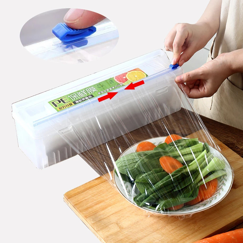 Bloog 【Ready Stock】1Pcs Upstyle Food Plastic Cling Wrap Dispenser Preservative Film Cutter with Slide Cutter Adjustable Cling Film Cutter Preservation Foil Storage Box
