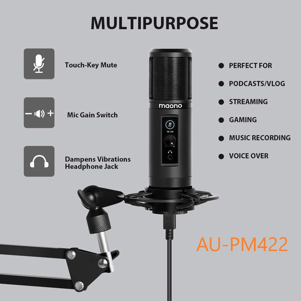 Maono PM422 USB Mircophone Zero Latency Monitoring Cardioid Condenser Mic Touch Mute Button, Mic Gain Knob & Earphone Jack for Voice Overs Recording Podcasting YouTube Karaoke Gaming Live Streaming Vl