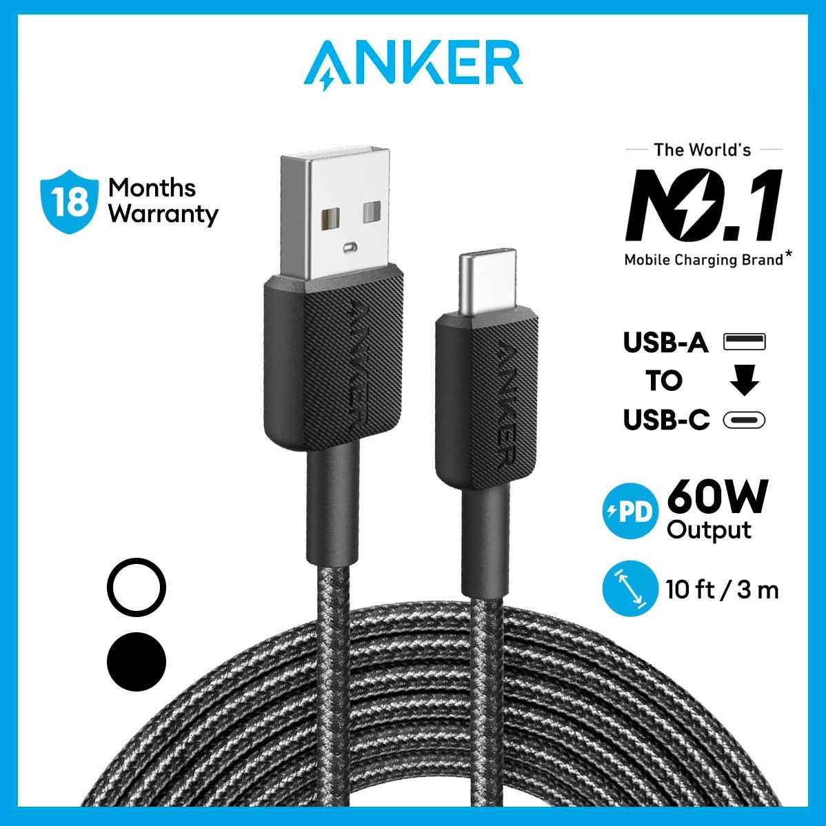 Anker 322 PowerLine USB A to USB C Cable Braided Nylon Cable 10ft/3m USB 2.0 Fast Charging for USB-C Phones, Tablets and more (A81H7)